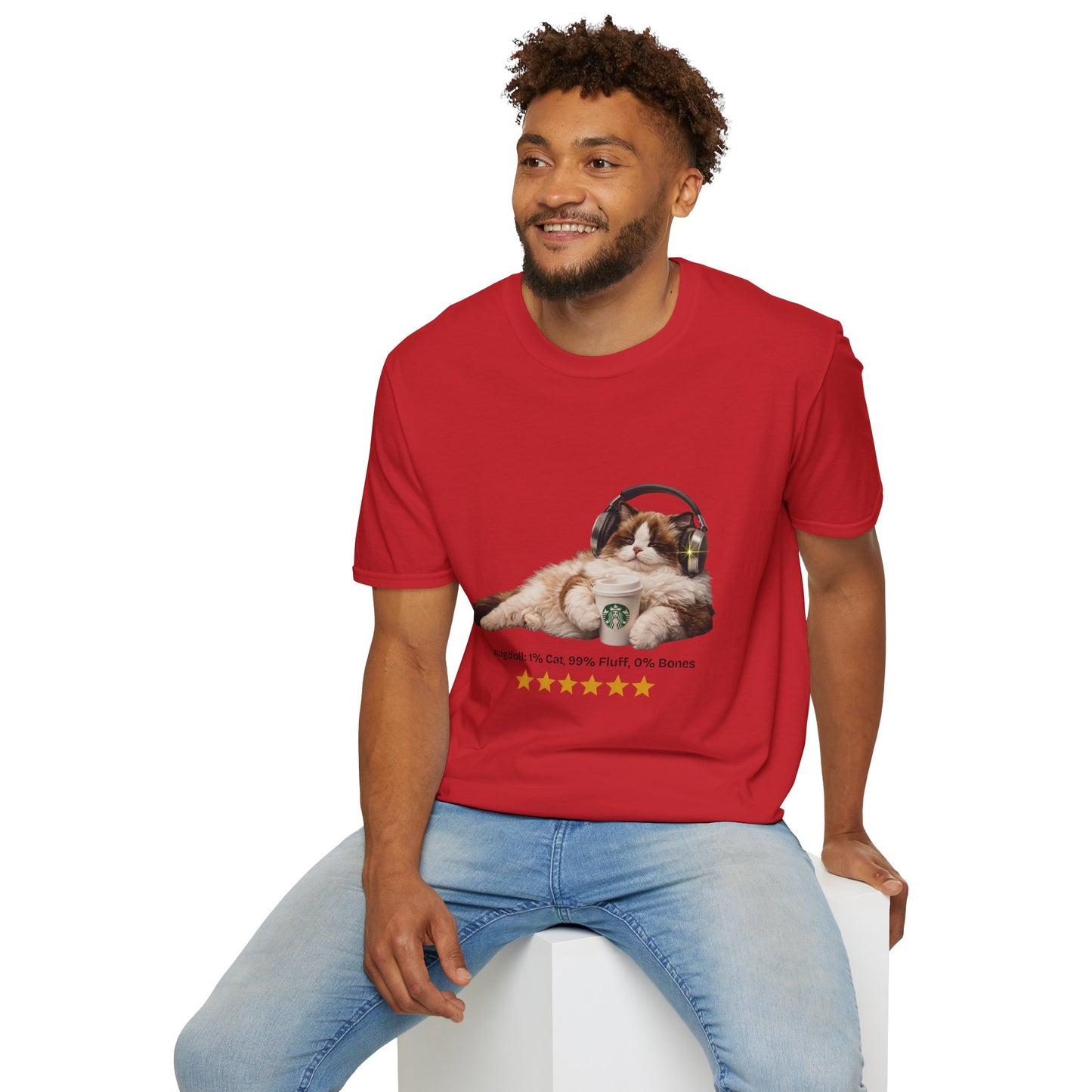 Cat Coffee Review T-Shirt β Relaxed Cat with Headphones & 5-Star Latte Tee | Gildan Softstyle 64000 Premium Tee