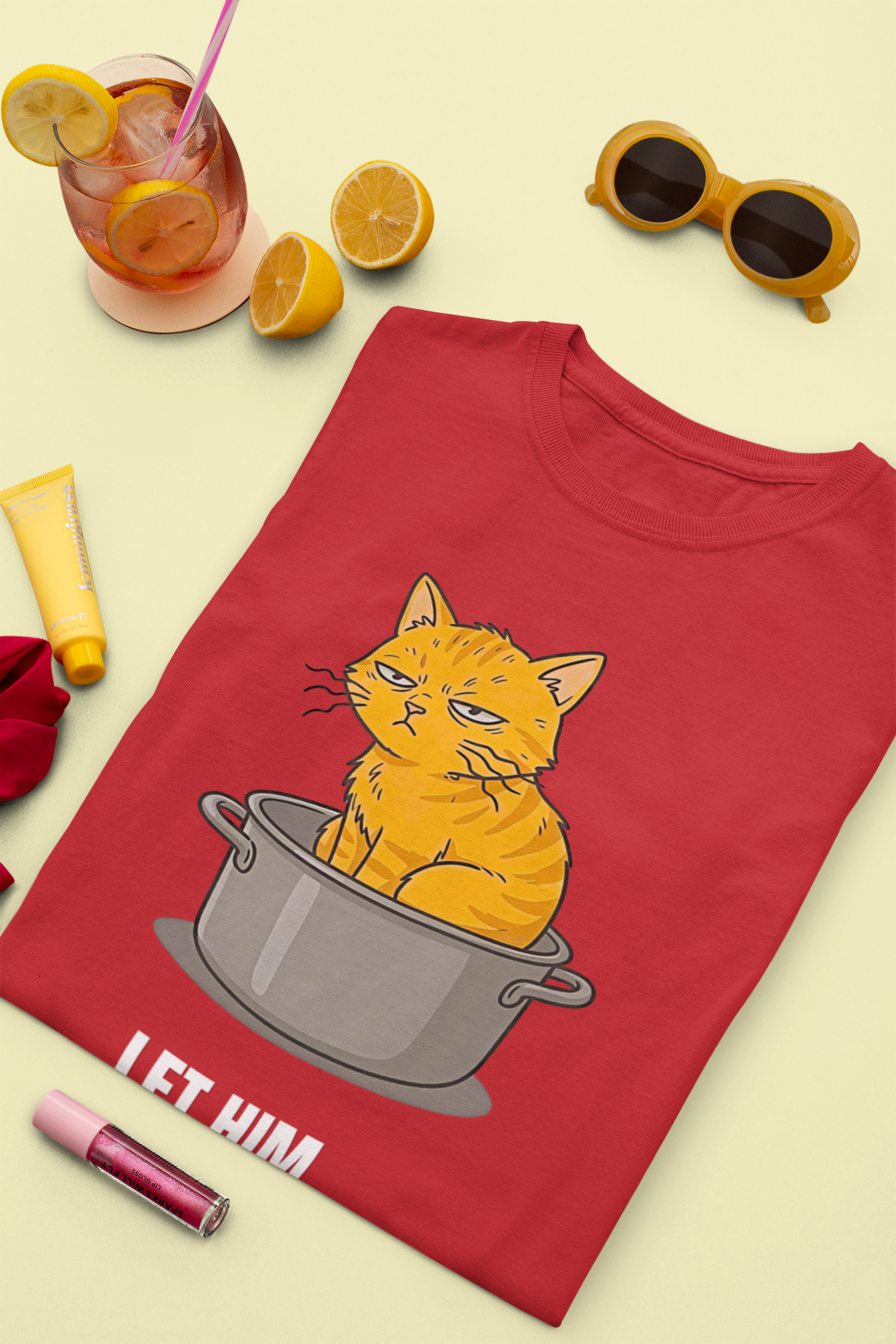 Let Him Cook Orange Cat T-Shirt | Funny Cat Sitting in Pot Meme Tee | Gildan Softstyle 64000