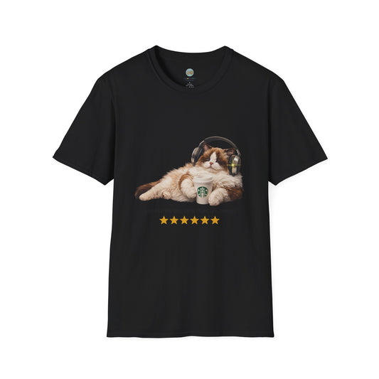 Cat Coffee Review T-Shirt — Relaxed Cat with Headphones & 5-Star Latte Tee | Gildan Softstyle 64000 Premium Tee
