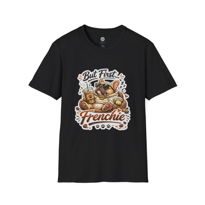French Bulldog T-Shirt - But First Frenchie | Cute Sleeping Frenchie with Coffee Cup Morning Design | Gildan Softstyle 64000 Premium Tee