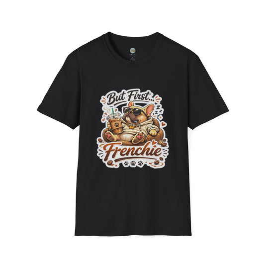 French Bulldog T-Shirt - But First Frenchie | Cute Sleeping Frenchie with Coffee Cup Morning Design | Gildan Softstyle 64000 Premium Tee