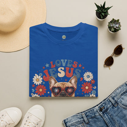 Loves Jesus America and Frenchie Too T-Shirt | French Bulldog Dog Mom Design | Gildan Softstyle 64000
