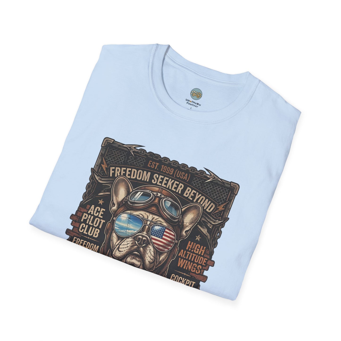 Vintage Aviator Frenchie T-Shirt | Freedom French Bulldog Pilot with Goggles | Gildan Softstyle 64000 Premium Tee