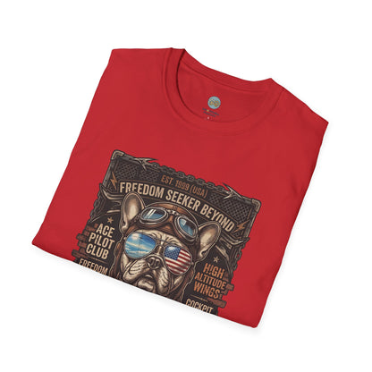 Vintage Aviator Frenchie T-Shirt | Freedom French Bulldog Pilot with Goggles | Gildan Softstyle 64000 Premium Tee