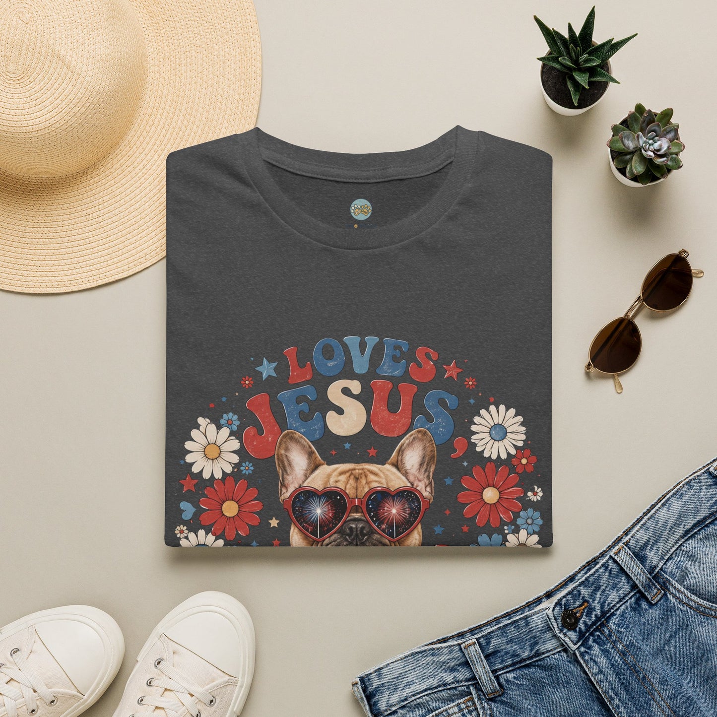 Loves Jesus America and Frenchie Too T-Shirt | French Bulldog Dog Mom Design | Gildan Softstyle 64000