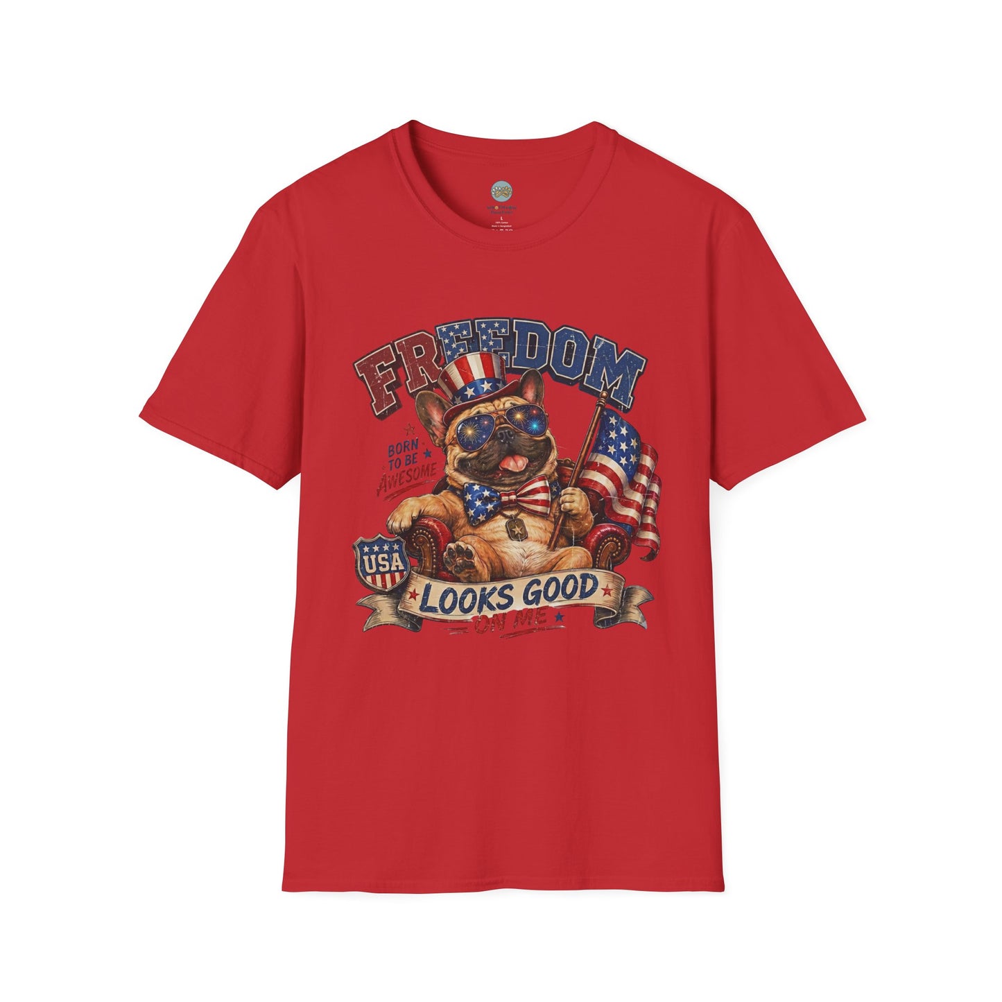 French Bulldog 4th of July Shirt | Freedom Looks Good On Me | Frenchie with American Flag for Dog Lovers | Gildan Softstyle 64000