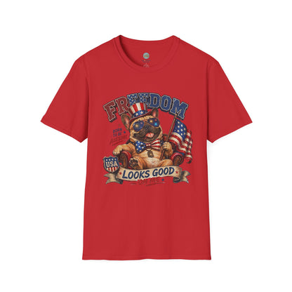 French Bulldog 4th of July Shirt | Freedom Looks Good On Me | Frenchie with American Flag for Dog Lovers | Gildan Softstyle 64000