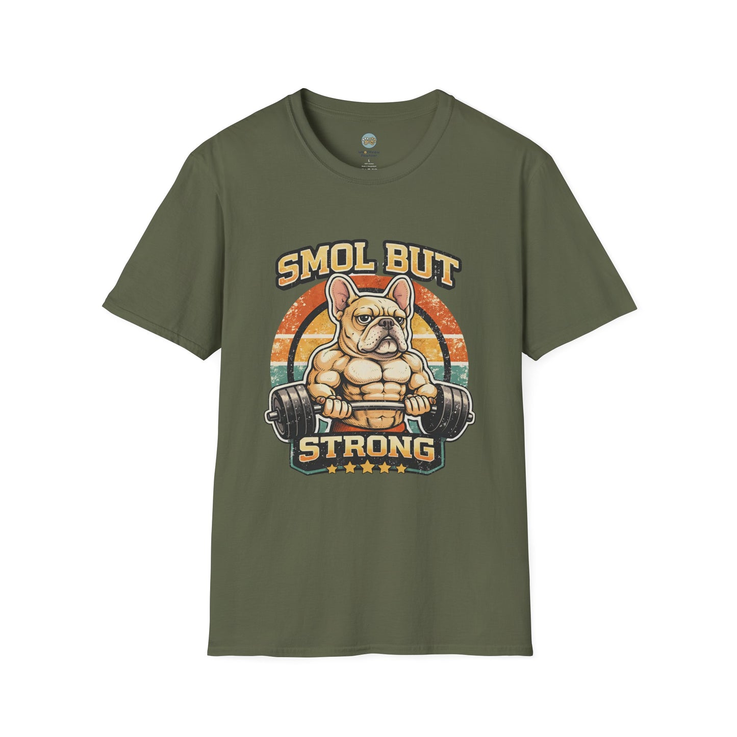 French Bulldog Gym T-Shirt | Smol But Strong - Frenchie Lifting Weights Retro Gym Vibe Design | Gildan Softstyle 64000 Premium Tee