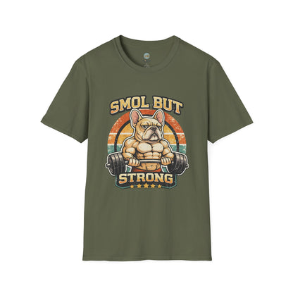 French Bulldog Gym T-Shirt | Smol But Strong - Frenchie Lifting Weights Retro Gym Vibe Design | Gildan Softstyle 64000 Premium Tee