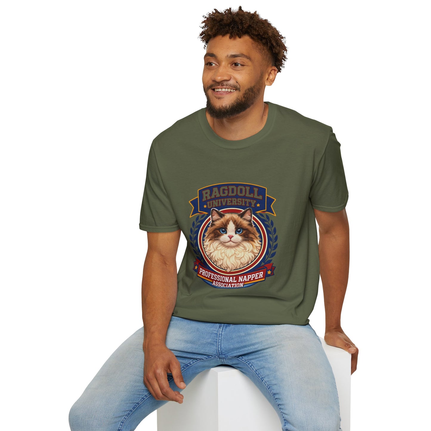 Ragdoll University T-Shirt | Vintage College Crest Style | Gildan Softstyle 64000 Premium Tee for Cat Moms and Dads