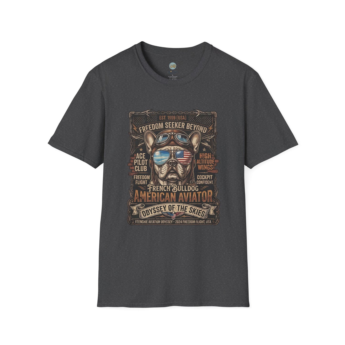 Vintage Aviator Frenchie T-Shirt | Freedom French Bulldog Pilot with Goggles | Gildan Softstyle 64000 Premium Tee