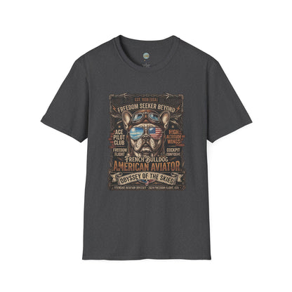Vintage Aviator Frenchie T-Shirt | Freedom French Bulldog Pilot with Goggles | Gildan Softstyle 64000 Premium Tee