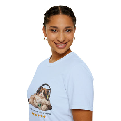 Cat Coffee Review T-Shirt — Relaxed Cat with Headphones & 5-Star Latte Tee | Gildan Softstyle 64000 Premium Tee