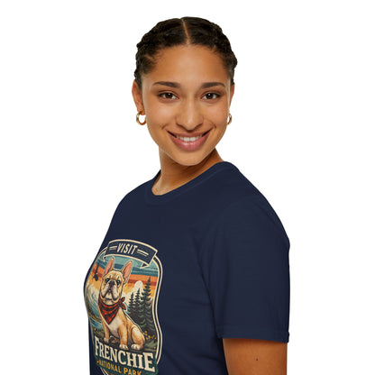 French Bulldog National Park T-Shirt | Vintage Badge Design with Mountains and Sunset for Dog Lovers | Gildan Softstyle 64000 Premium Tee