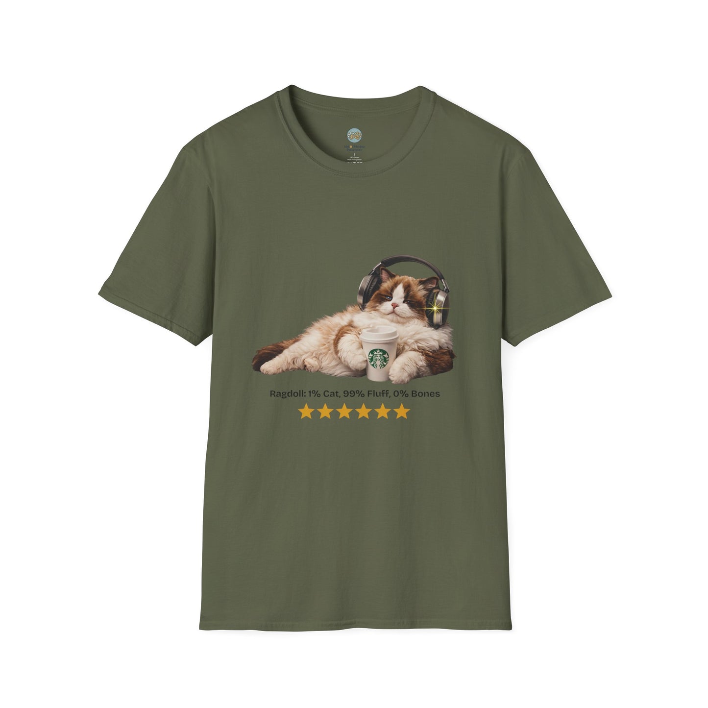 Cat Coffee Review T-Shirt — Relaxed Cat with Headphones & 5-Star Latte Tee | Gildan Softstyle 64000 Premium Tee