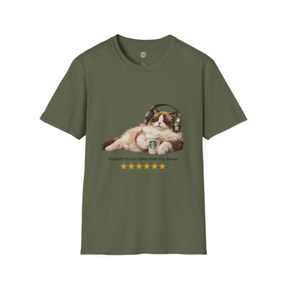 Cat Coffee Review T-Shirt — Relaxed Cat with Headphones & 5-Star Latte Tee | Gildan Softstyle 64000 Premium Tee