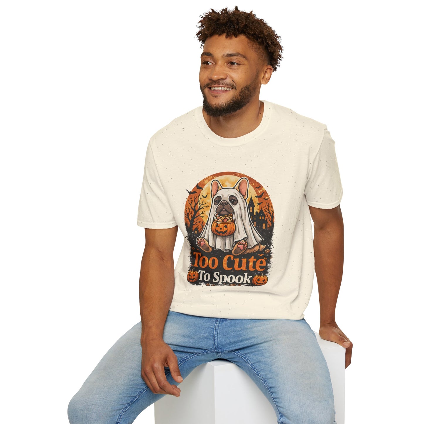 French Bulldog - Too Cute To Spook Halloween T-Shirt | Frenchie in Ghost Costume | Gildan Softstyle 64000 Premium Tee