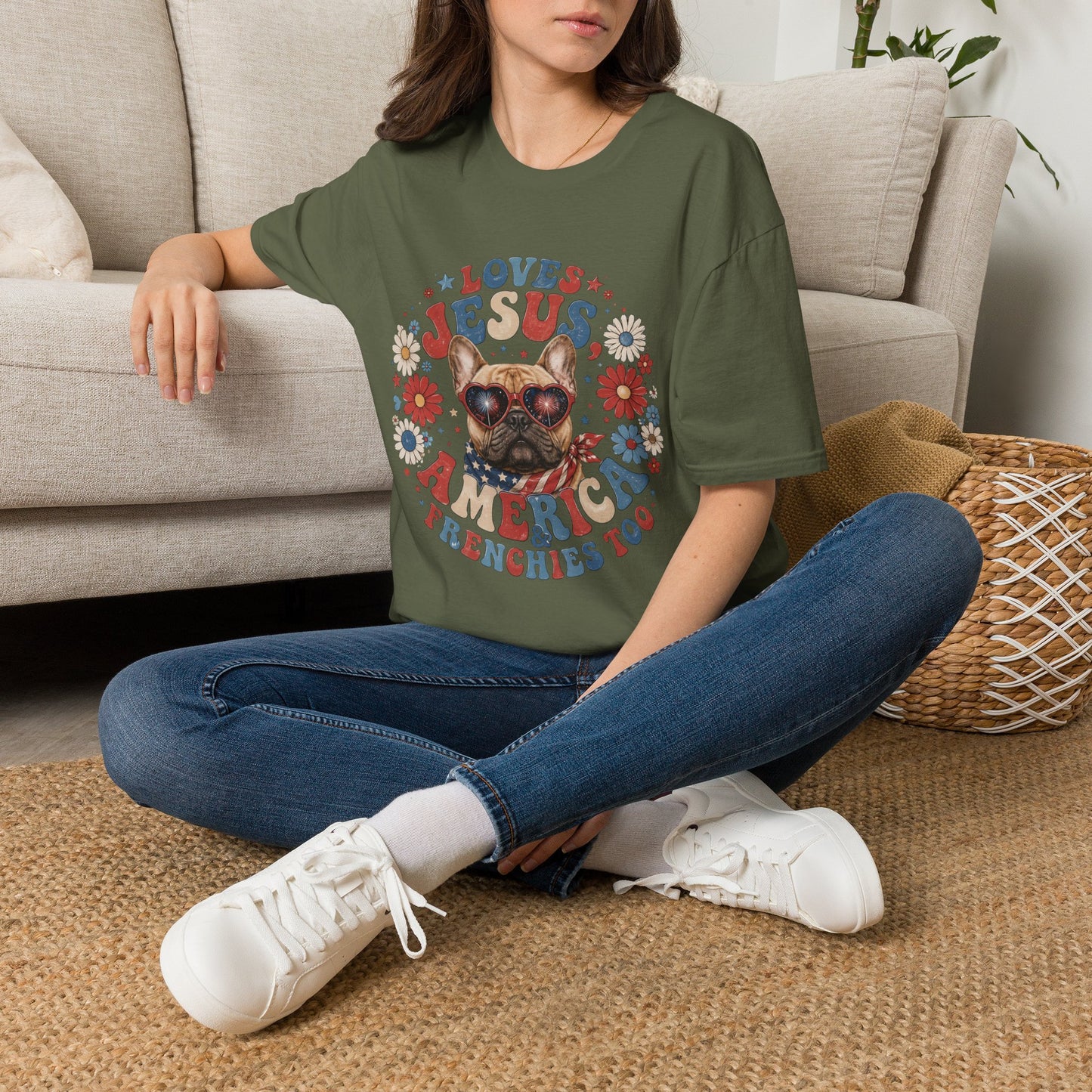 Loves Jesus America and Frenchie Too T-Shirt | French Bulldog Dog Mom Design | Gildan Softstyle 64000