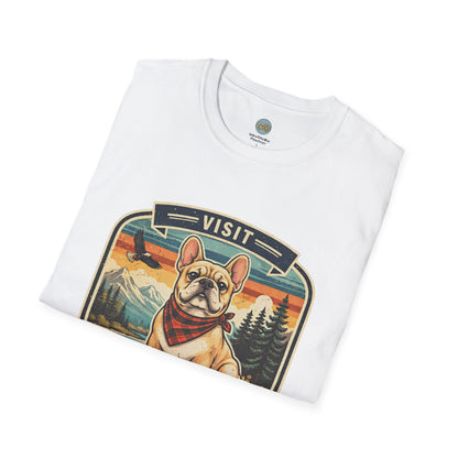 French Bulldog National Park T-Shirt | Vintage Badge Design with Mountains and Sunset for Dog Lovers | Gildan Softstyle 64000 Premium Tee
