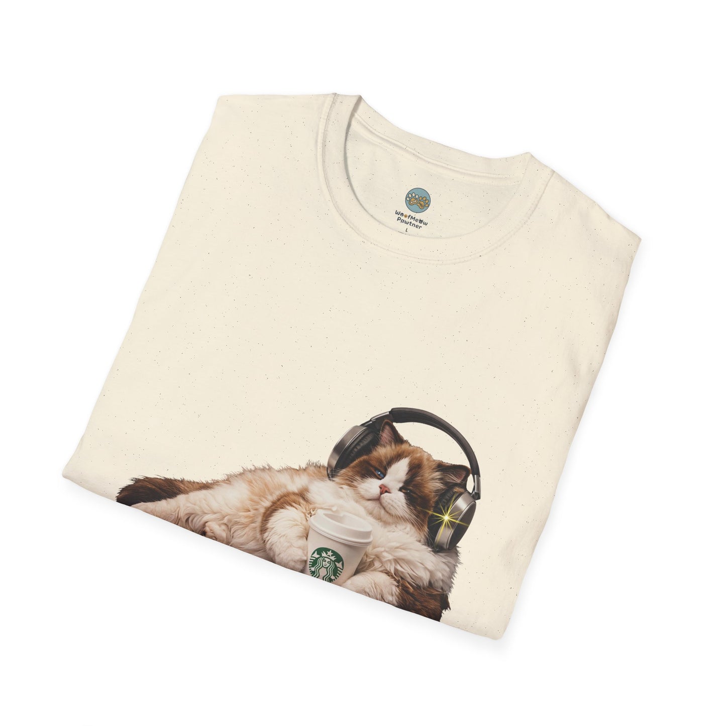 Cat Coffee Review T-Shirt — Relaxed Cat with Headphones & 5-Star Latte Tee | Gildan Softstyle 64000 Premium Tee