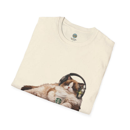 Cat Coffee Review T-Shirt — Relaxed Cat with Headphones & 5-Star Latte Tee | Gildan Softstyle 64000 Premium Tee