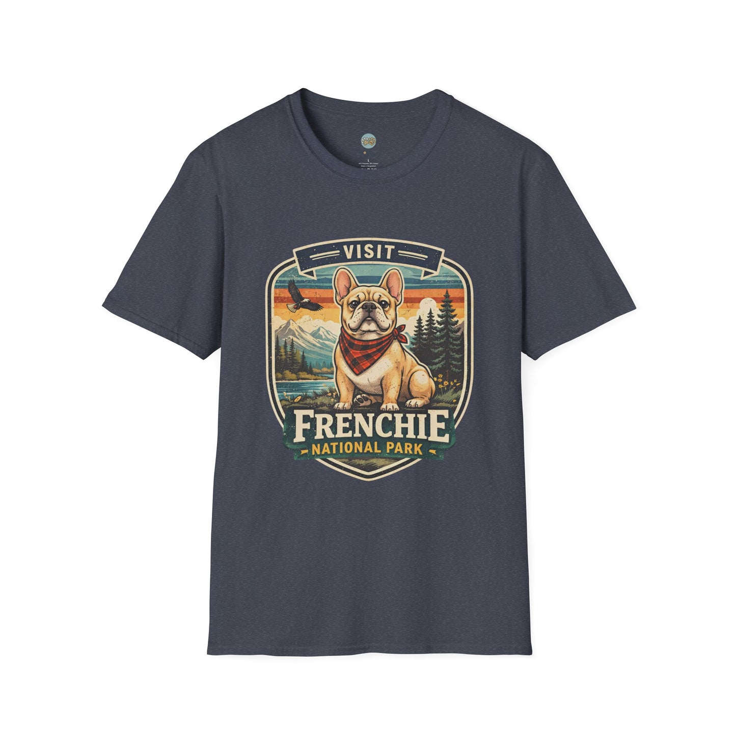 French Bulldog National Park T-Shirt | Vintage Badge Design with Mountains and Sunset for Dog Lovers | Gildan Softstyle 64000 Premium Tee