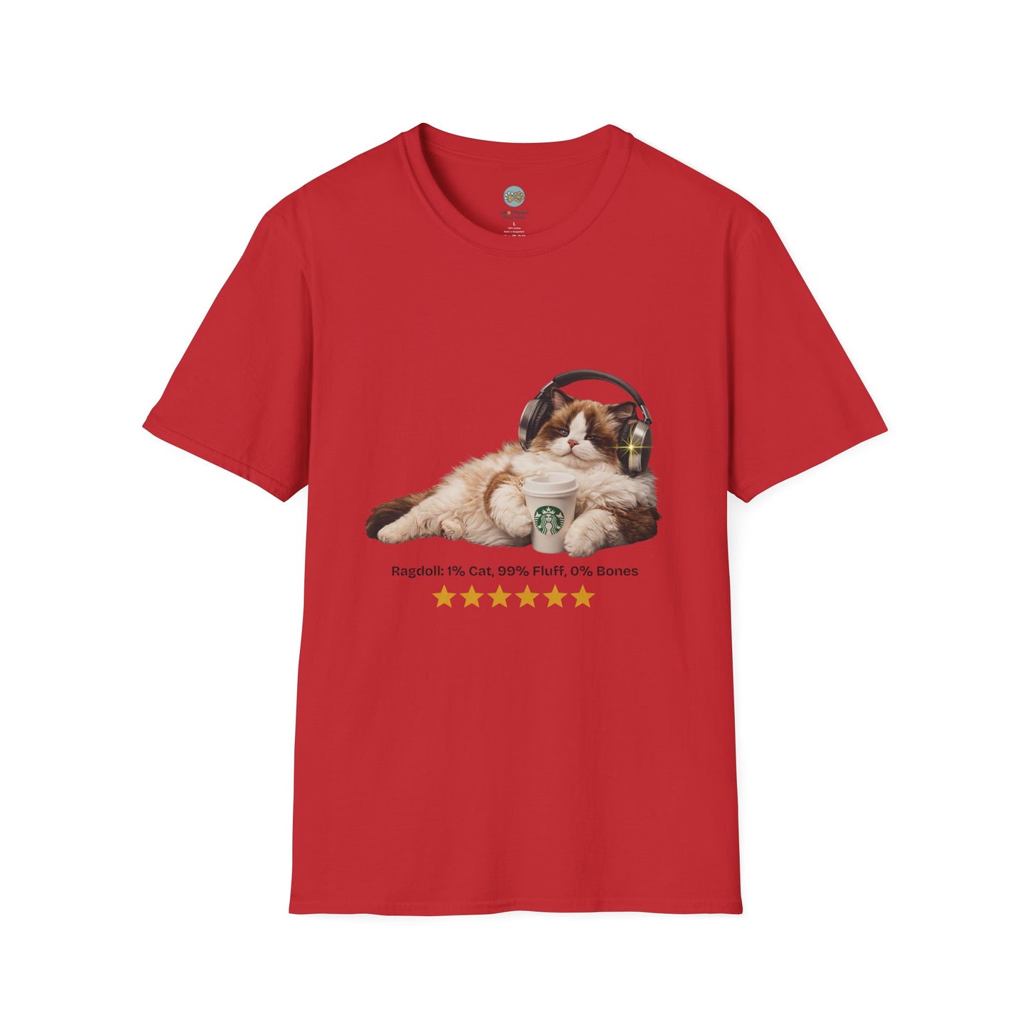 Cat Coffee Review T-Shirt — Relaxed Cat with Headphones & 5-Star Latte Tee | Gildan Softstyle 64000 Premium Tee