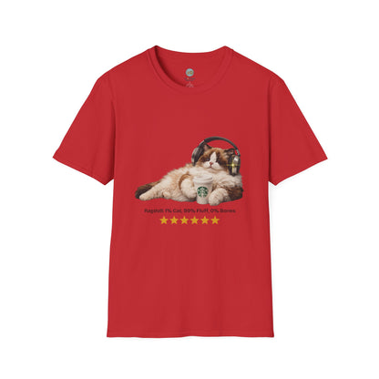 Cat Coffee Review T-Shirt — Relaxed Cat with Headphones & 5-Star Latte Tee | Gildan Softstyle 64000 Premium Tee