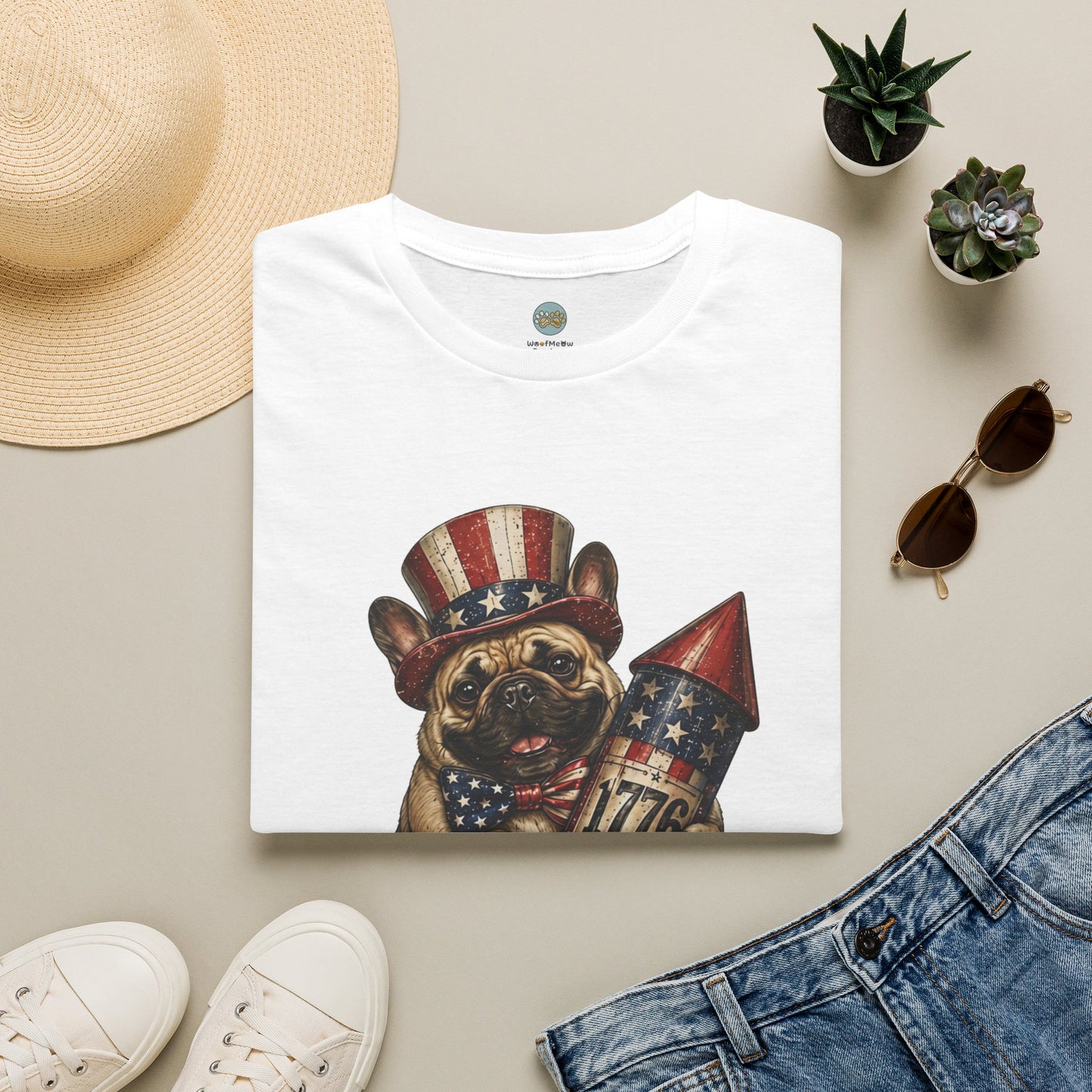 USA United States of Awesome 4th of July T-Shirt | Frenchie with 1776 Firework | Gildan Softstyle 64000