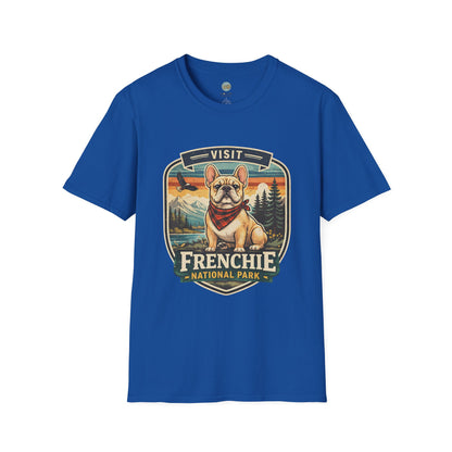French Bulldog National Park T-Shirt | Vintage Badge Design with Mountains and Sunset for Dog Lovers | Gildan Softstyle 64000 Premium Tee