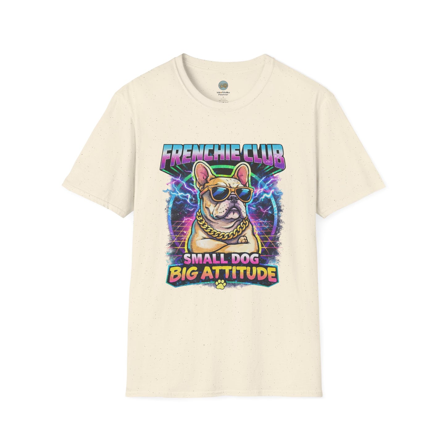 Frenchie Club T-Shirt | “Small Dog Big Attitude” Retro Neon French Bulldog Tee | Gildan Softstyle 64000 Premium Tee