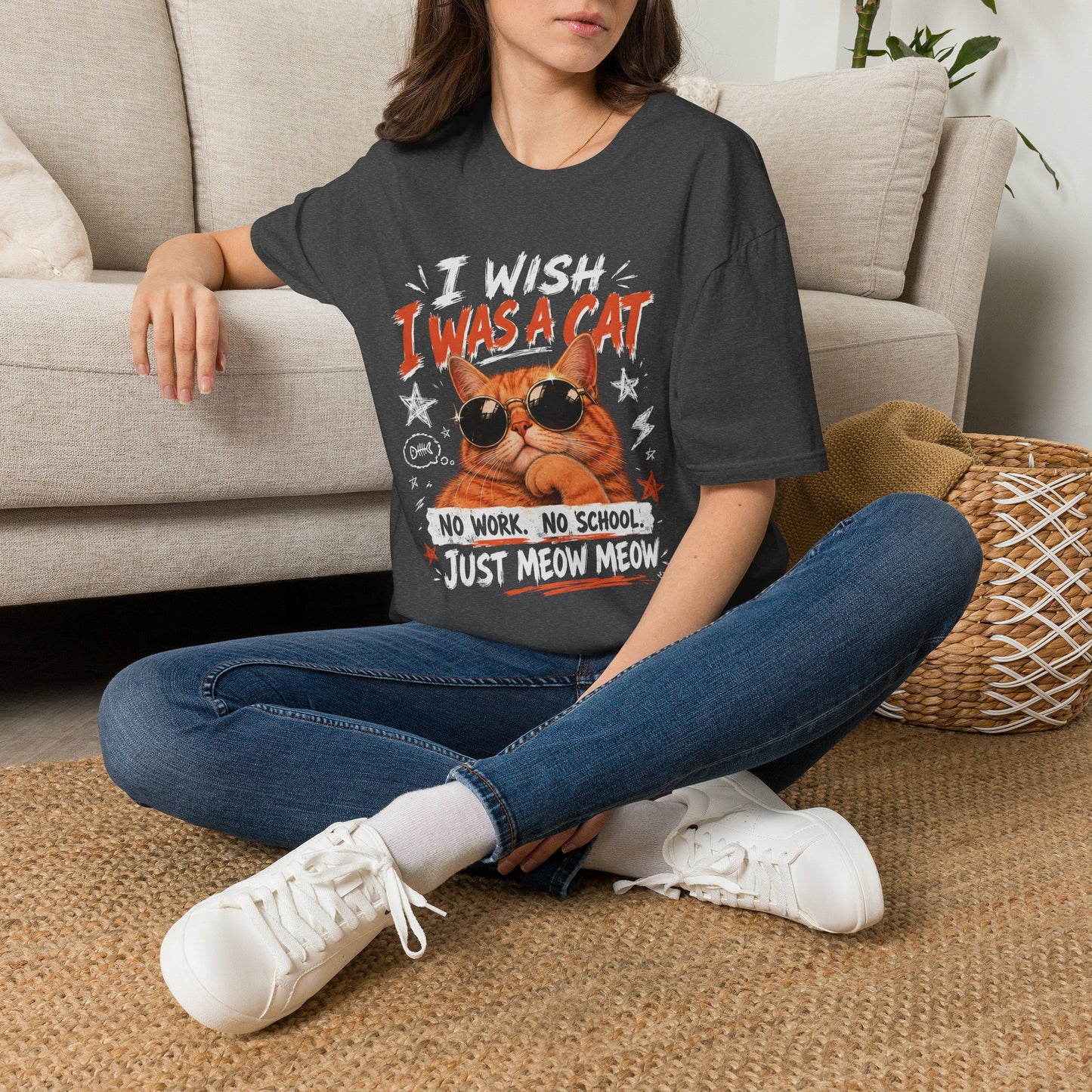 I Wish I Was A Cat T-Shirt | No Work No School Just Meow Meow | Gildan Softstyle 64000