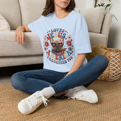 Loves Jesus America and Frenchie Too T-Shirt | French Bulldog Dog Mom Design | Gildan Softstyle 64000
