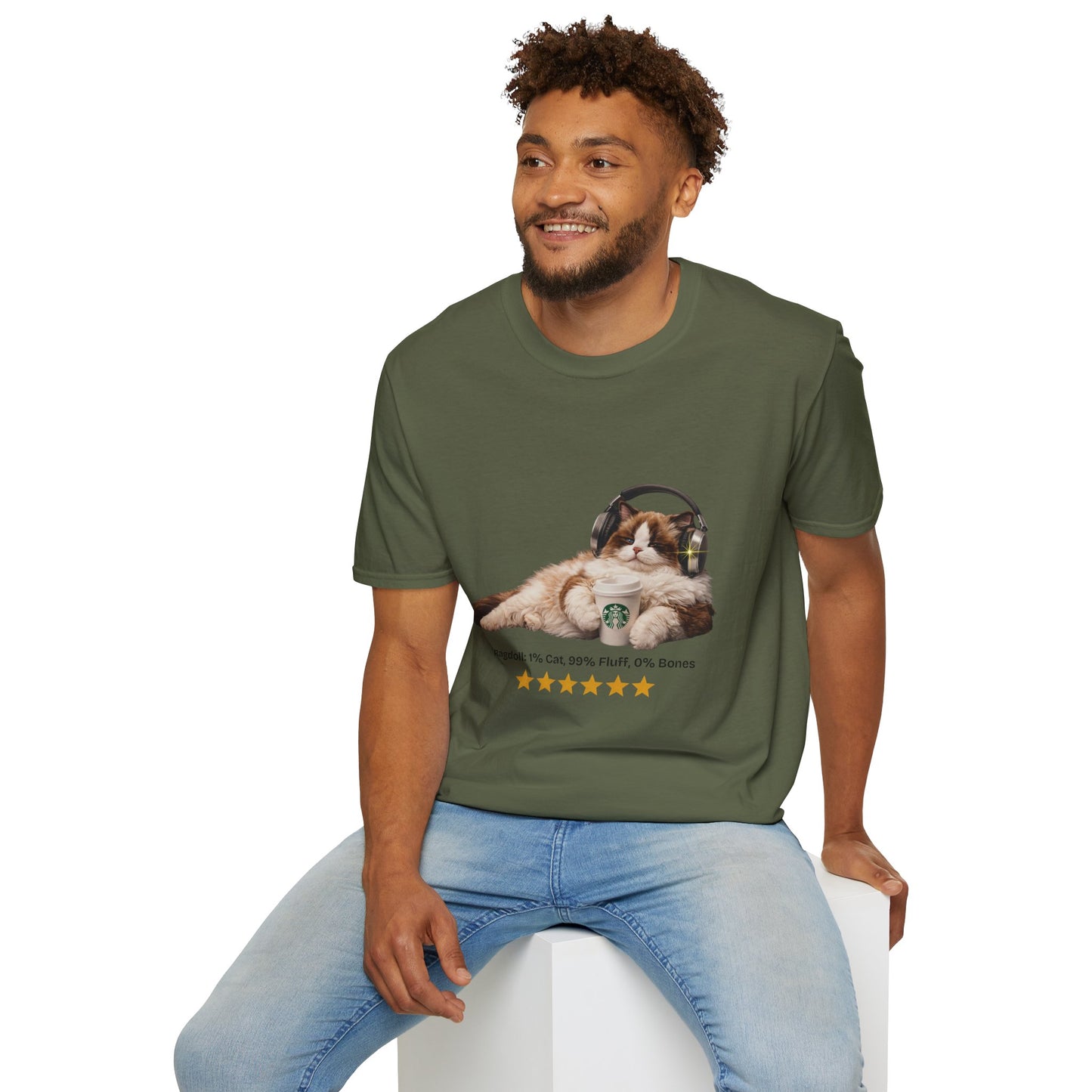 Cat Coffee Review T-Shirt — Relaxed Cat with Headphones & 5-Star Latte Tee | Gildan Softstyle 64000 Premium Tee