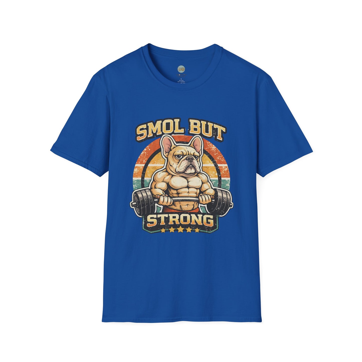 French Bulldog Gym T-Shirt | Smol But Strong - Frenchie Lifting Weights Retro Gym Vibe Design | Gildan Softstyle 64000 Premium Tee