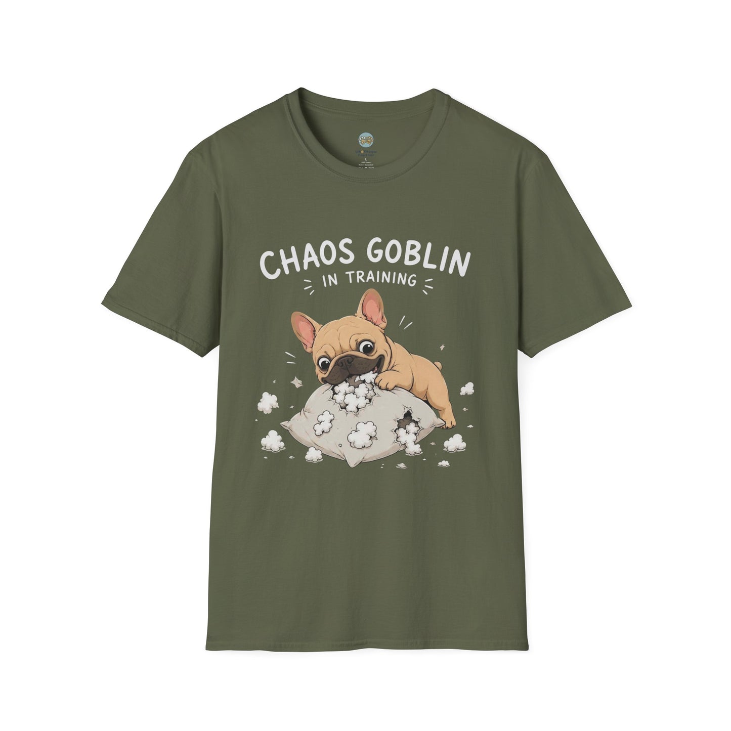 Chaos Goblin In Training T-Shirt | French Bulldog Destroying Pillow | Gildan Softstyle 64000