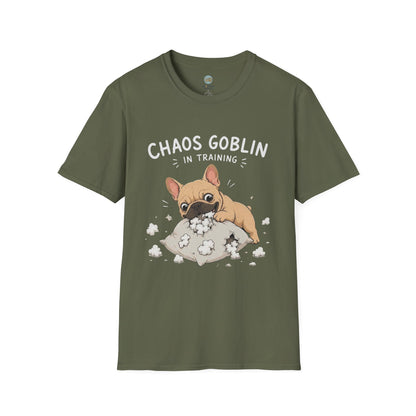 Chaos Goblin In Training T-Shirt | French Bulldog Destroying Pillow | Gildan Softstyle 64000