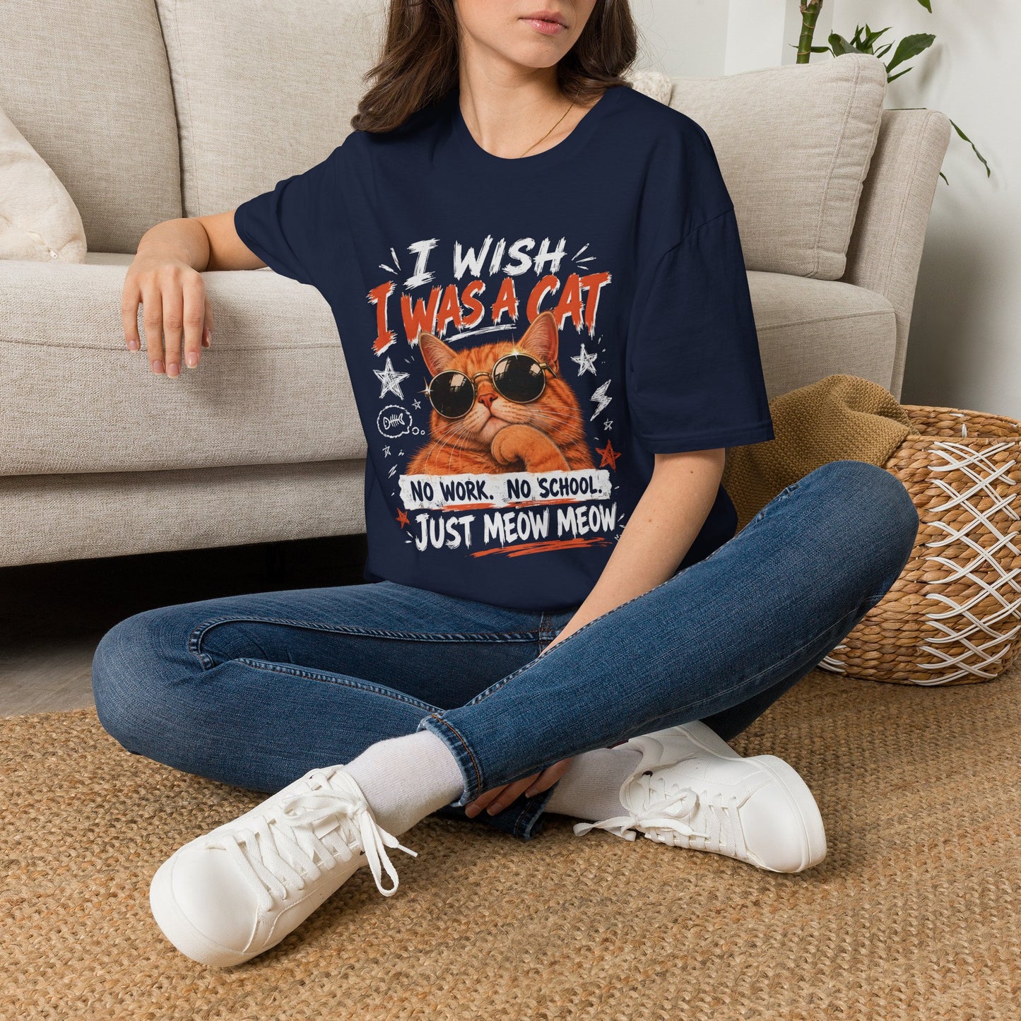 I Wish I Was A Cat T-Shirt | No Work No School Just Meow Meow | Gildan Softstyle 64000