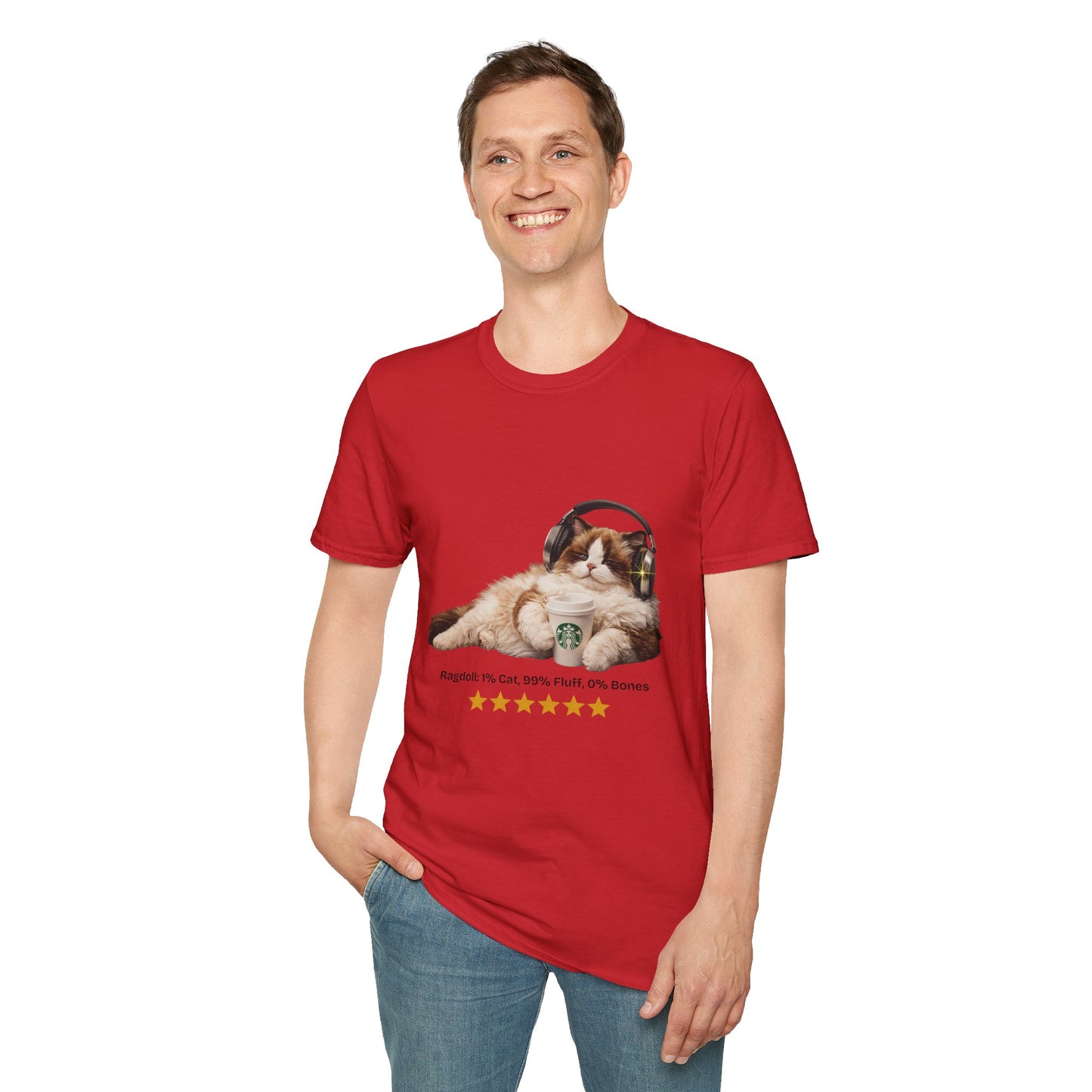 Cat Coffee Review T-Shirt — Relaxed Cat with Headphones & 5-Star Latte Tee | Gildan Softstyle 64000 Premium Tee