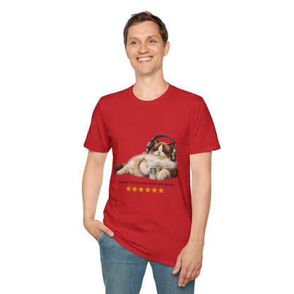 Cat Coffee Review T-Shirt — Relaxed Cat with Headphones & 5-Star Latte Tee | Gildan Softstyle 64000 Premium Tee