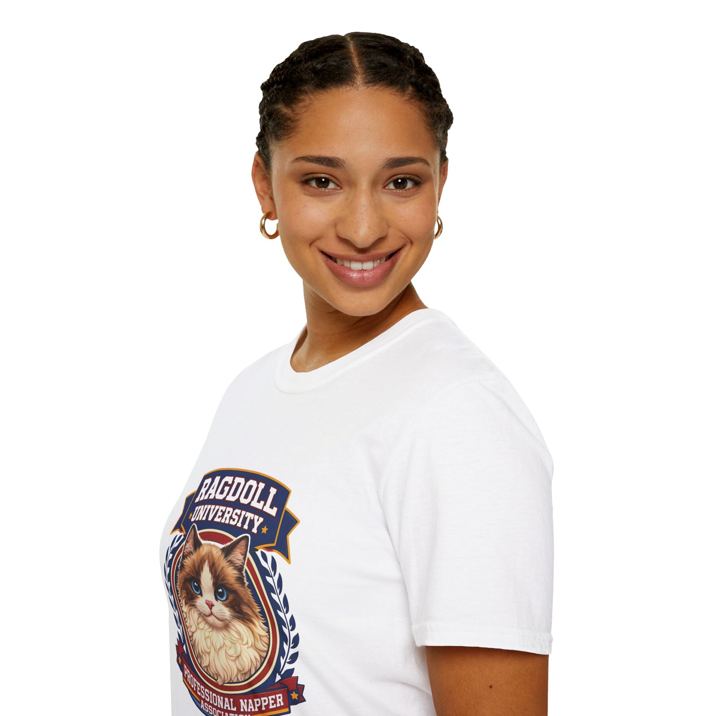 Ragdoll University T-Shirt | Vintage College Crest Style | Gildan Softstyle 64000 Premium Tee for Cat Moms and Dads