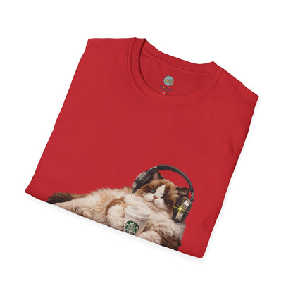 Cat Coffee Review T-Shirt — Relaxed Cat with Headphones & 5-Star Latte Tee | Gildan Softstyle 64000 Premium Tee
