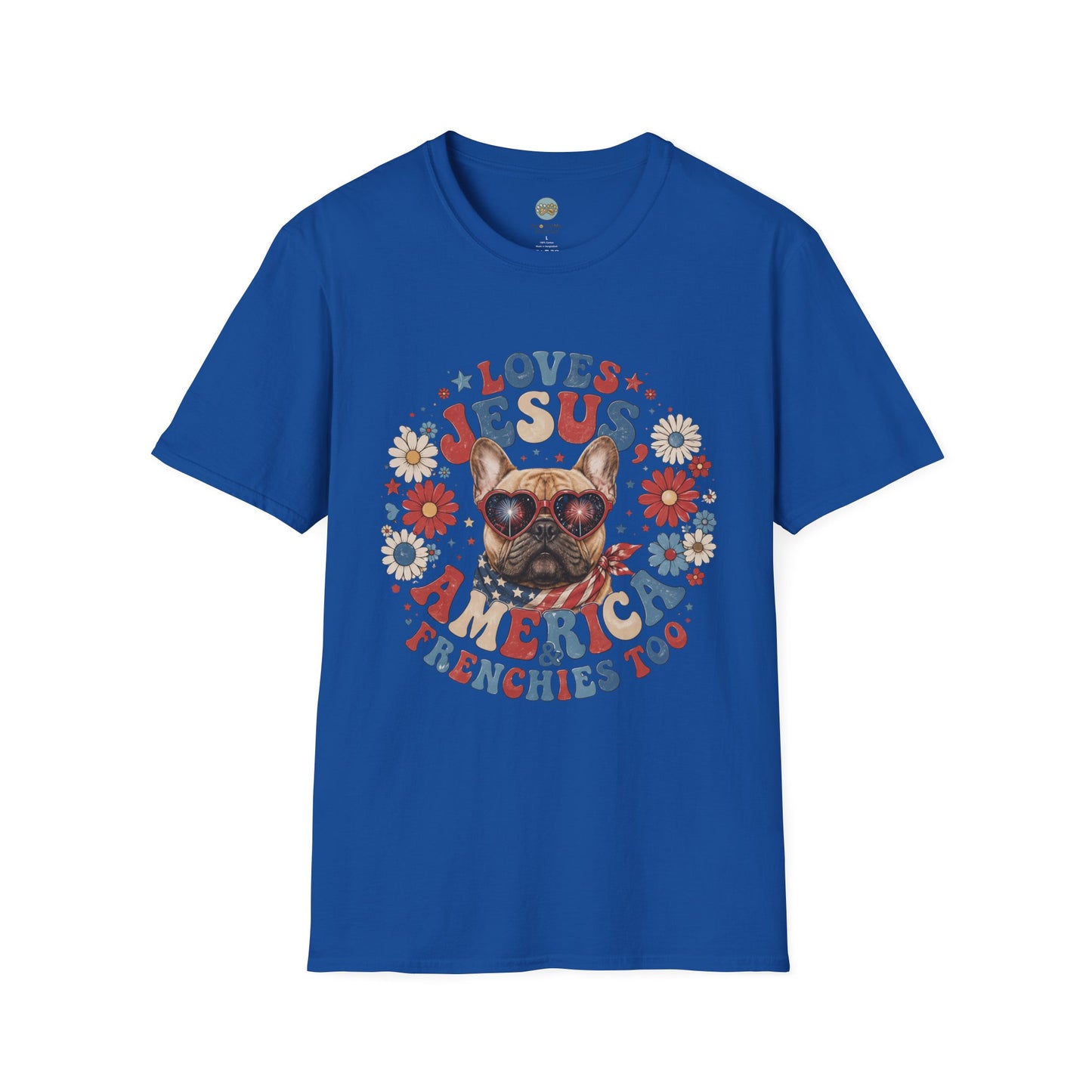 Loves Jesus America and Frenchie Too T-Shirt | French Bulldog Dog Mom Design | Gildan Softstyle 64000