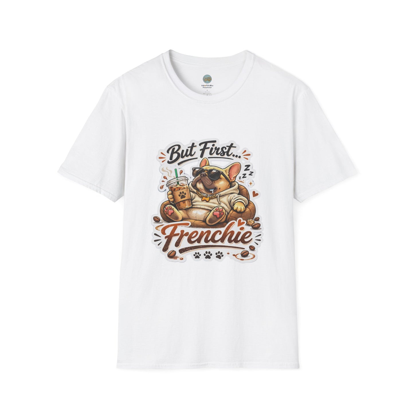 French Bulldog T-Shirt - But First Frenchie | Cute Sleeping Frenchie with Coffee Cup Morning Design | Gildan Softstyle 64000 Premium Tee