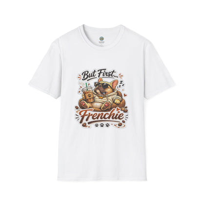 French Bulldog T-Shirt - But First Frenchie | Cute Sleeping Frenchie with Coffee Cup Morning Design | Gildan Softstyle 64000 Premium Tee