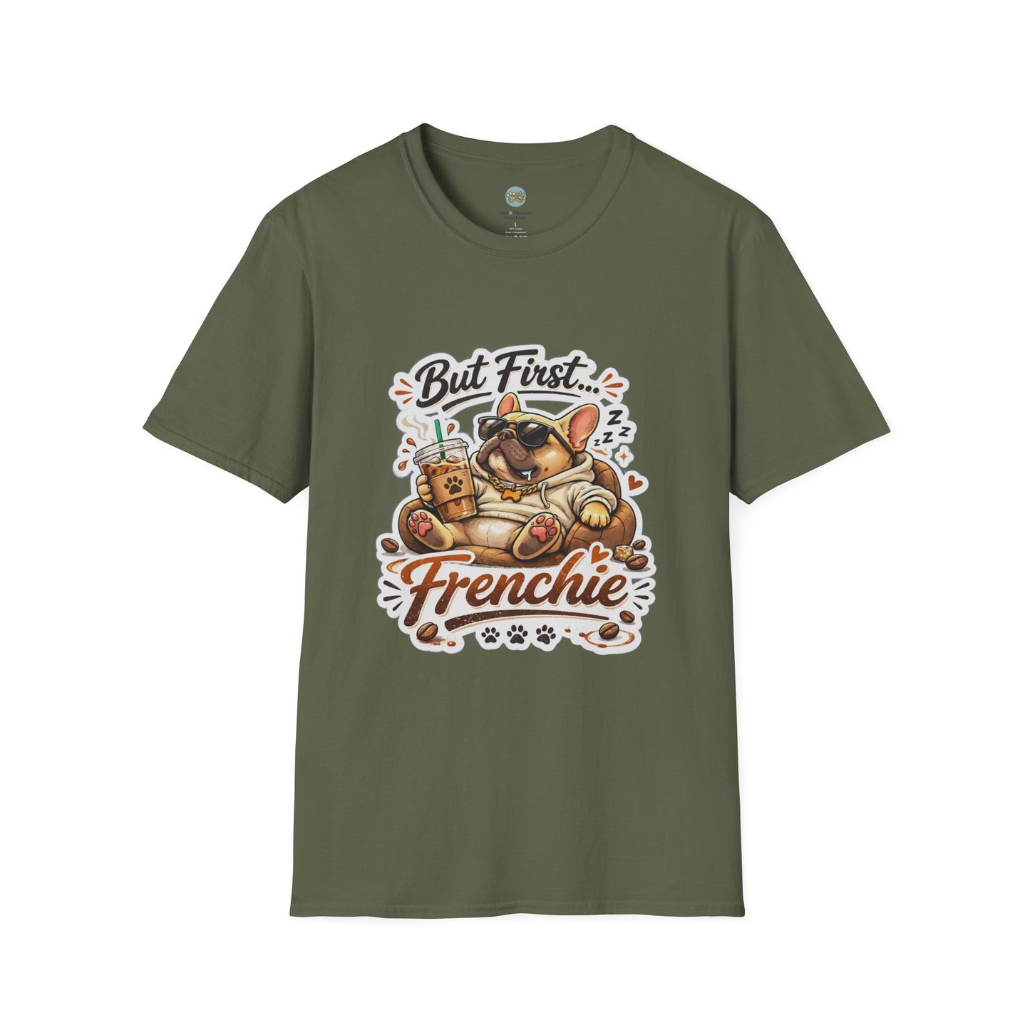 French Bulldog T-Shirt - But First Frenchie | Cute Sleeping Frenchie with Coffee Cup Morning Design | Gildan Softstyle 64000 Premium Tee