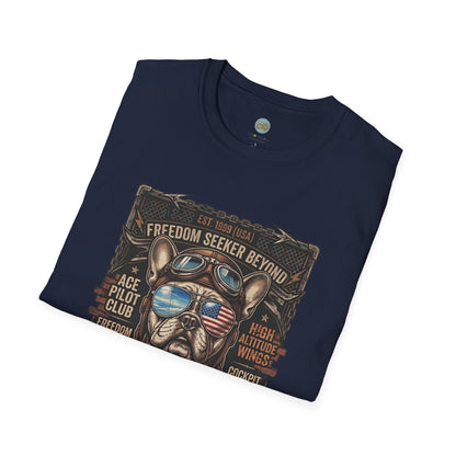 Vintage Aviator Frenchie T-Shirt | Freedom French Bulldog Pilot with Goggles | Gildan Softstyle 64000 Premium Tee