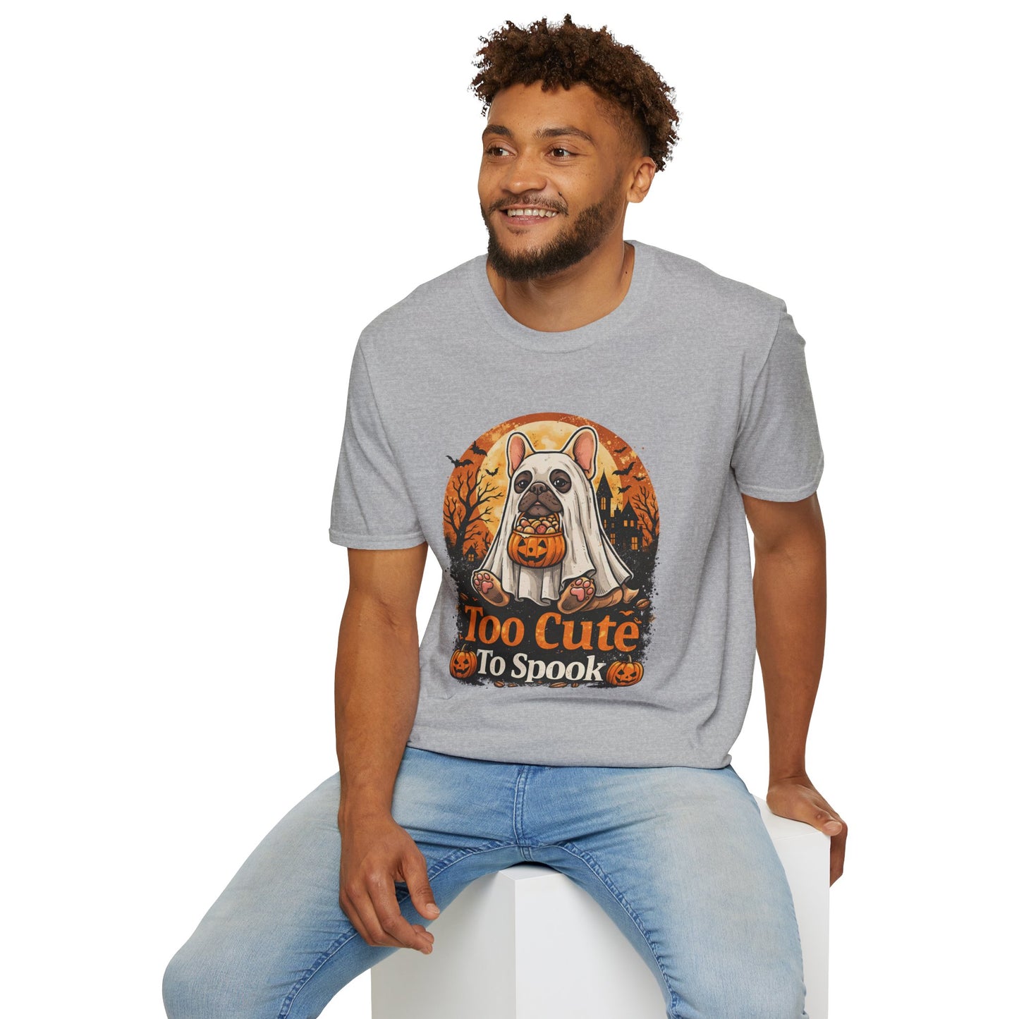 French Bulldog - Too Cute To Spook Halloween T-Shirt | Frenchie in Ghost Costume | Gildan Softstyle 64000 Premium Tee