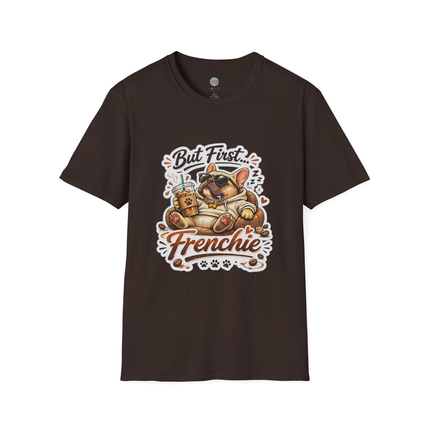 French Bulldog T-Shirt - But First Frenchie | Cute Sleeping Frenchie with Coffee Cup Morning Design | Gildan Softstyle 64000 Premium Tee
