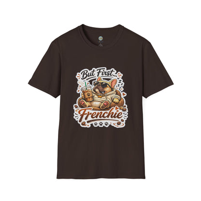 French Bulldog T-Shirt - But First Frenchie | Cute Sleeping Frenchie with Coffee Cup Morning Design | Gildan Softstyle 64000 Premium Tee